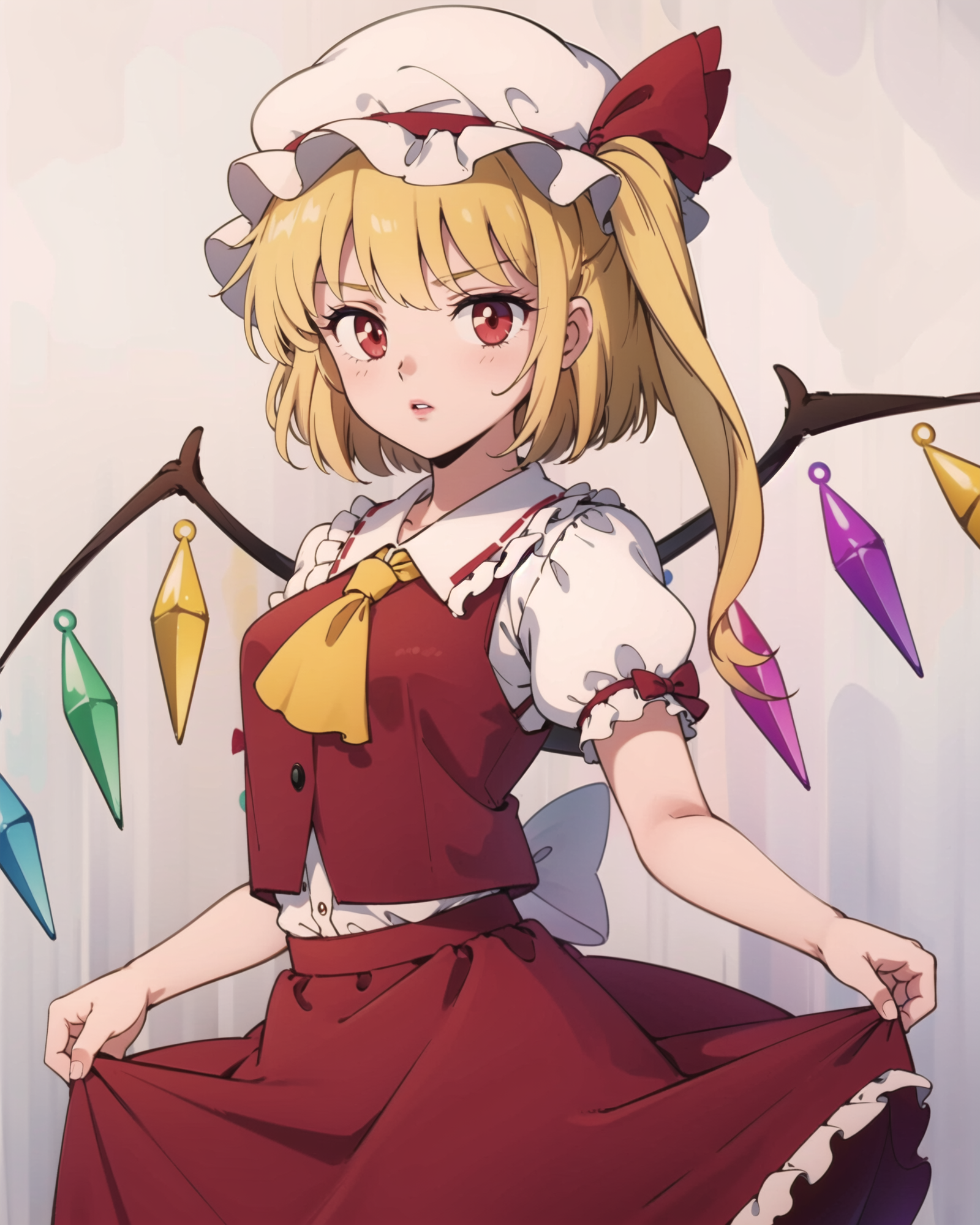 00316-1985961520-, 1girl, ascot, blonde_hair, cowboy_shot, crystal, flandre_scarlet, gradient, gradient_background, grey_background, hat, hat_rib.png